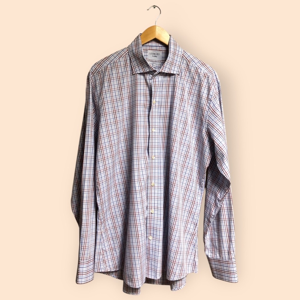 LEDBURY White Blue Burgundy Striped Plaid Shirt Slim Fit Dress Shirt MEN 17.5